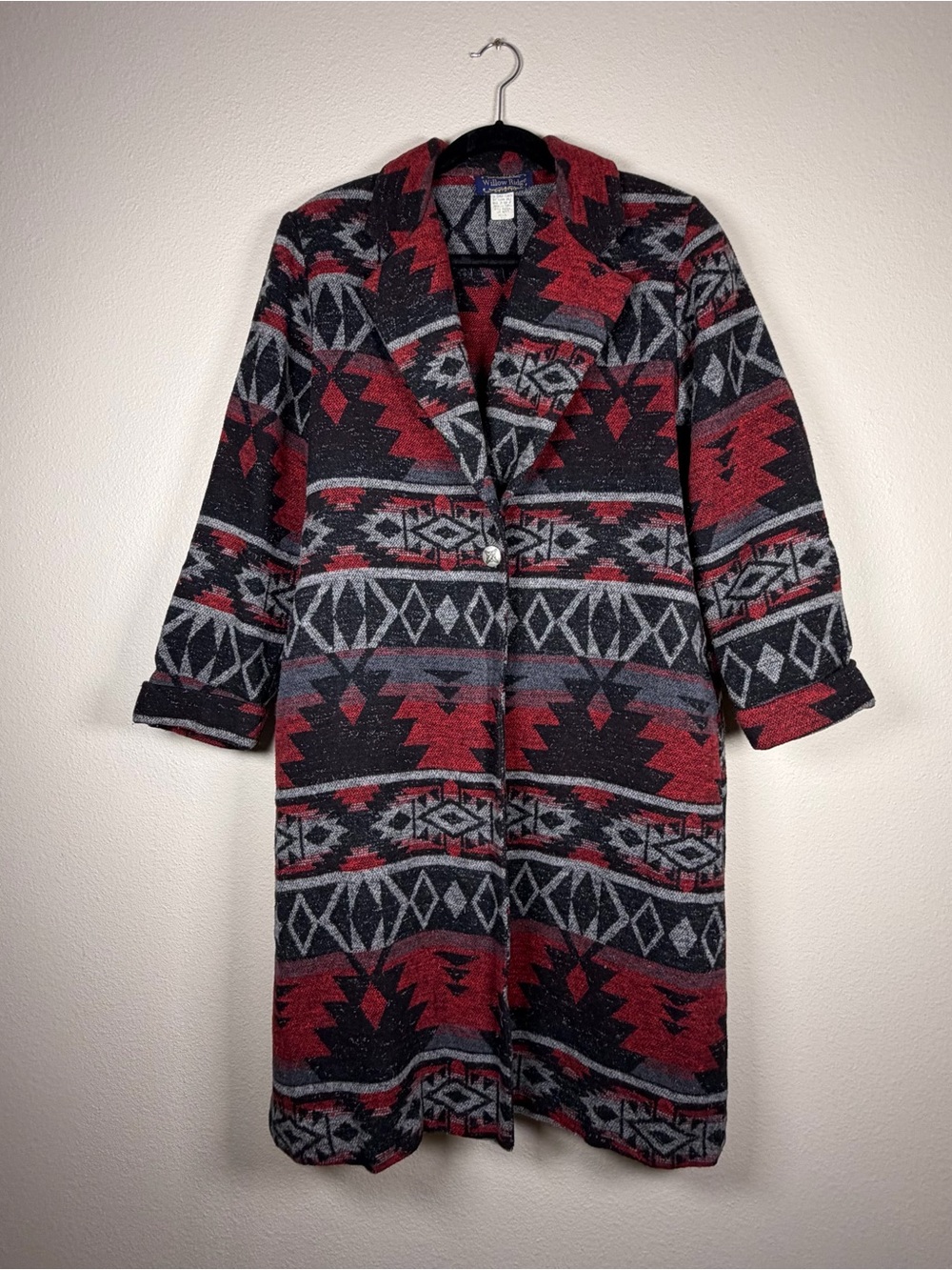 Vintage 90s Willow Ridge Western Blanket Tapestry Aztec Long Duster Jacket Sz PS